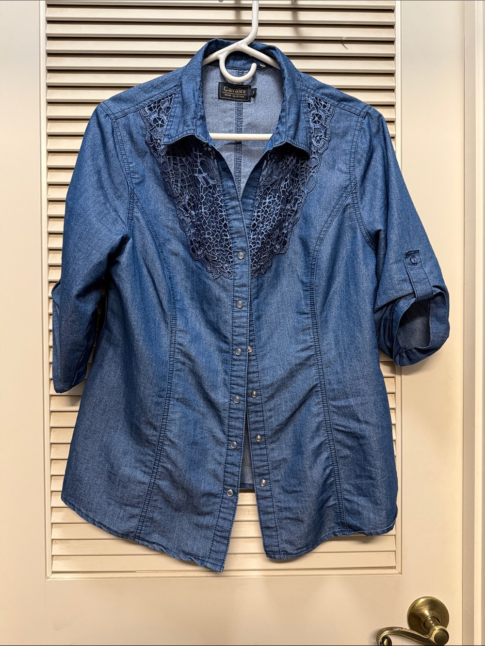 Cavalini Denim Collection Indigo Denim Button-Front Shirt with Lace Yoke